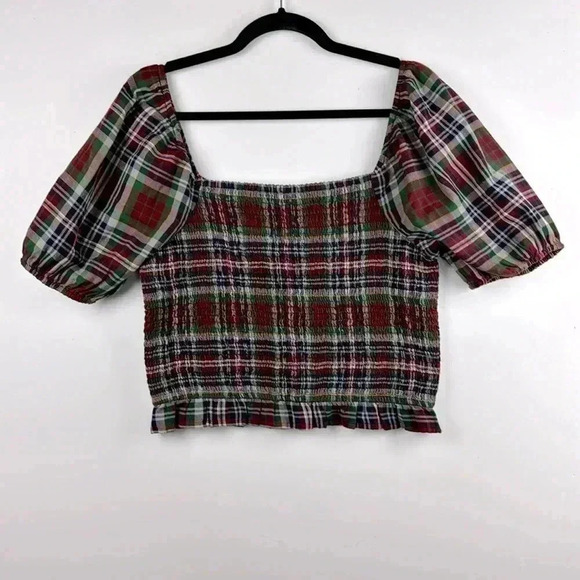 PLAID CROP TOP SZ L NWOT PUFF SLEEVES ELASTICITY SMOCKING SQ NECKLINE 100%COTTON - Picture 1 of 5